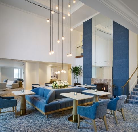 A tall room with a large chandelier