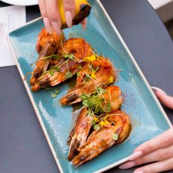 Hand squeezing a lemon over a plate of shrimp