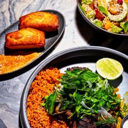 cornbread, piri piri salad, and chicken & rice