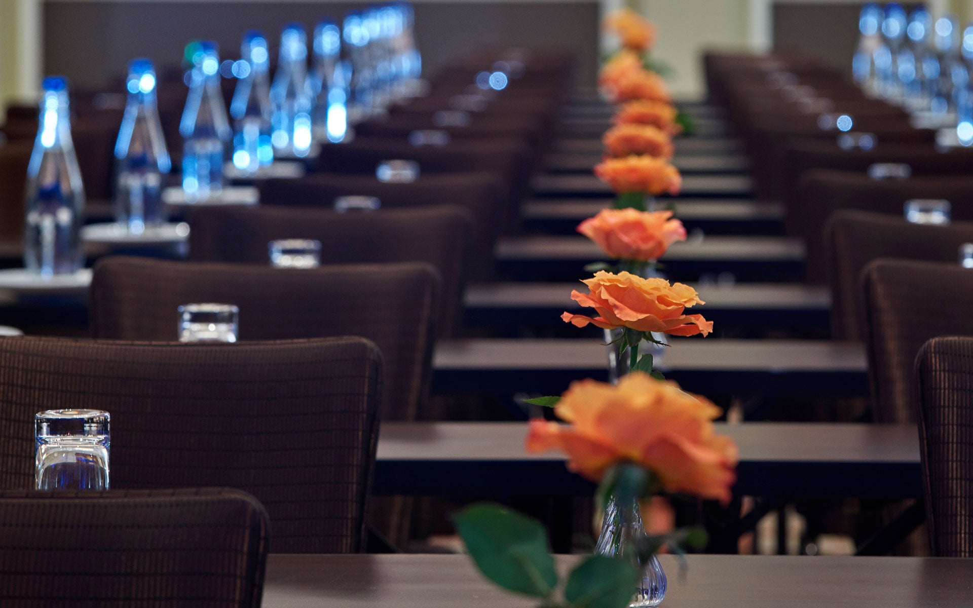 A row of tables with flowers on top